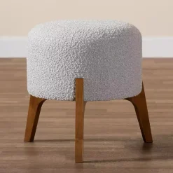 Mid-Century Modern Gray Boucle Ottoman