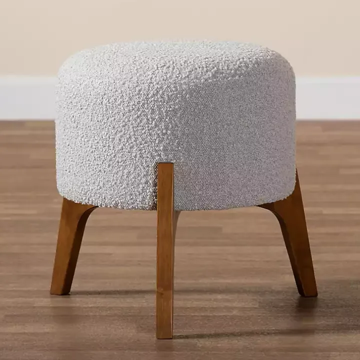 Mid-Century Modern Gray Boucle Ottoman