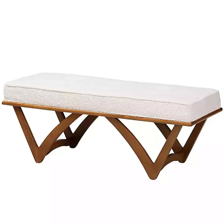 Mid-Century Modern White Boucle Angled Bench