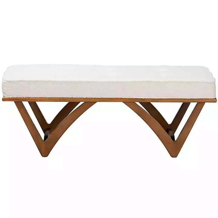 Mid-Century Modern White Boucle Angled Bench