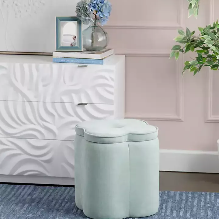 Mint Green Chenille Flower Storage Ottoman