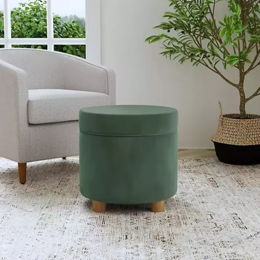 Moss Green Round Velvet Storage Ottoman