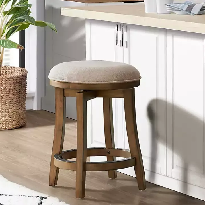 Natural Linen Barrel Base Swivel Counter Stool
