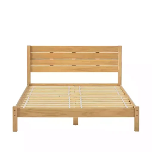 Natural Pine Wood Slatted Headboard Queen Bed