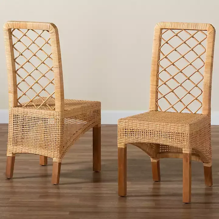 Natural Rattan Woven Back Dining Chairs, Set of 2