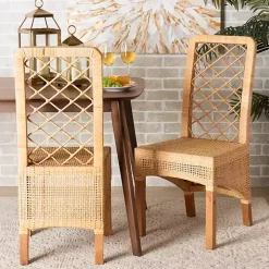Natural Rattan Woven Back Dining Chairs, Set of 2