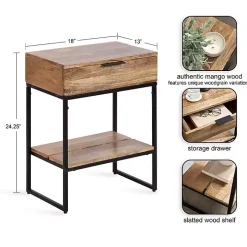 Natural Wood Black Metal Accent Table
