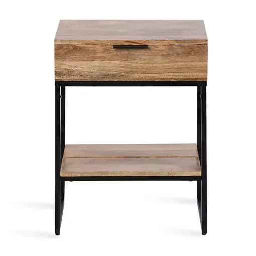 Natural Wood Black Metal Accent Table