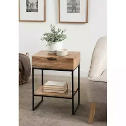 Natural Wood Black Metal Accent Table