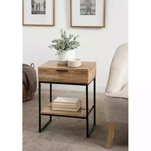 Natural Wood Black Metal Accent Table