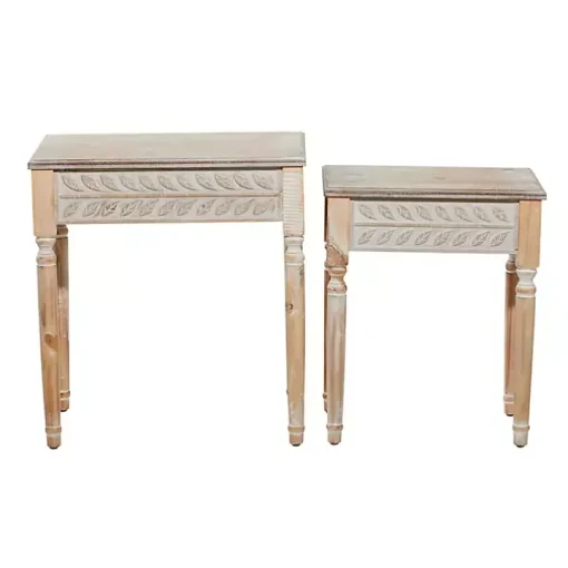 Natural Wood Carved Leaf Accent Tables, Set of 2