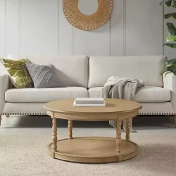 Natural Wood Finish Turned Leg Round Coffee Table
