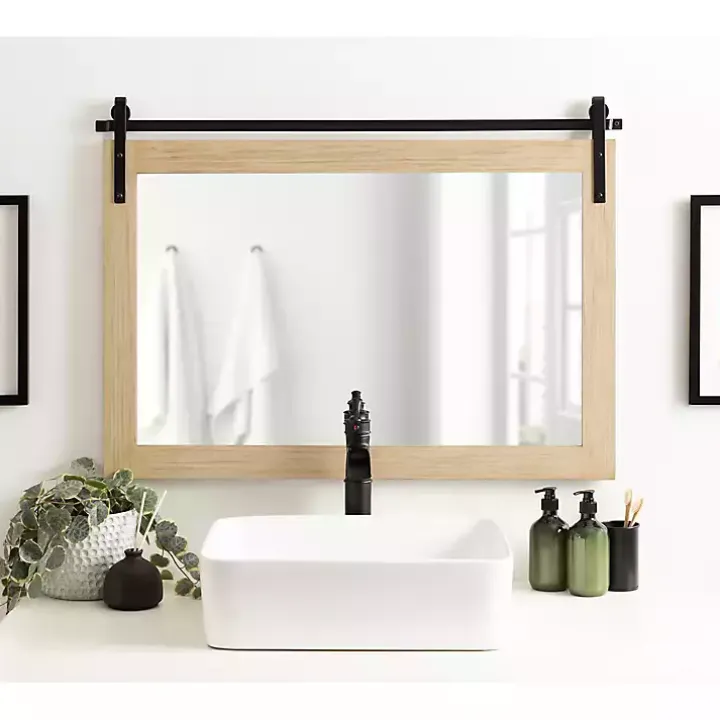 Natural Wood Metal Barn Door Wall Mirror