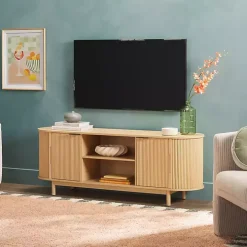 Natural Wood Reeded Oval TV Stand