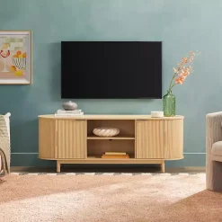 Natural Wood Reeded Oval TV Stand