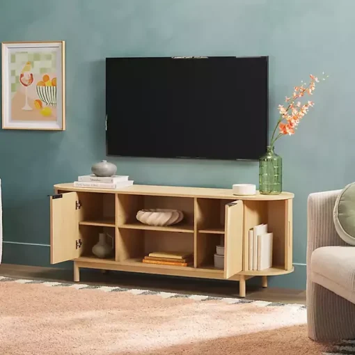 Natural Wood Reeded Oval TV Stand