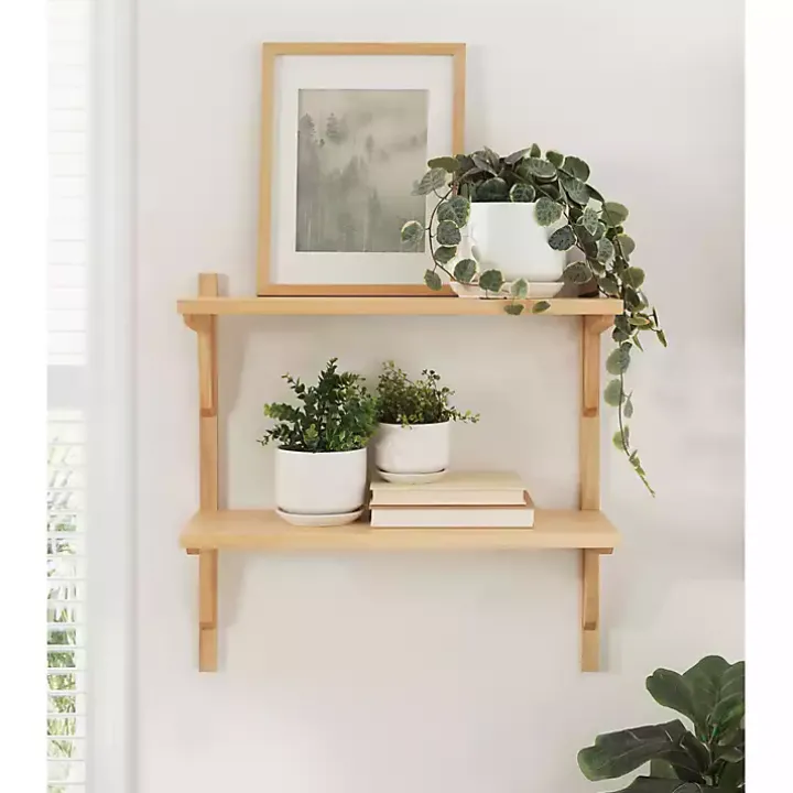 Natural Wood Traditional Two-Tiered Wall Shelf