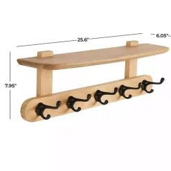 Natural Wood Wall Shelf with Hooks