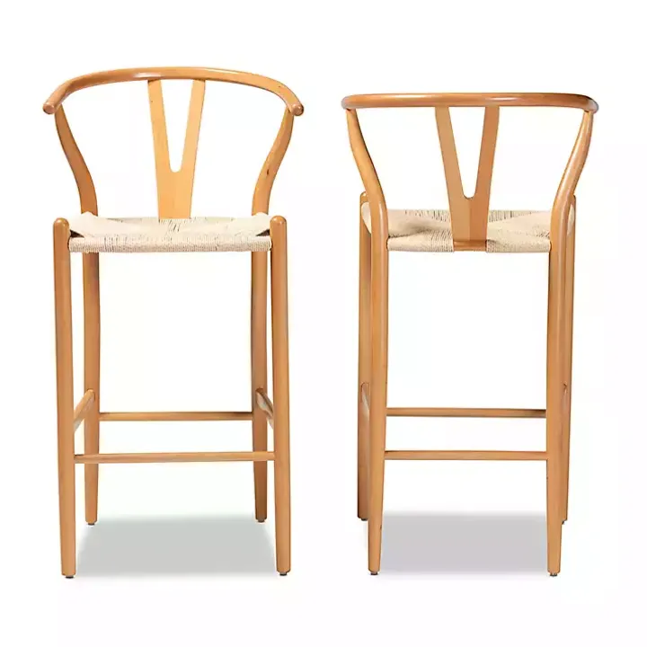 Natural Wood Woven Yarn Seat Bar Stools, Set of 2