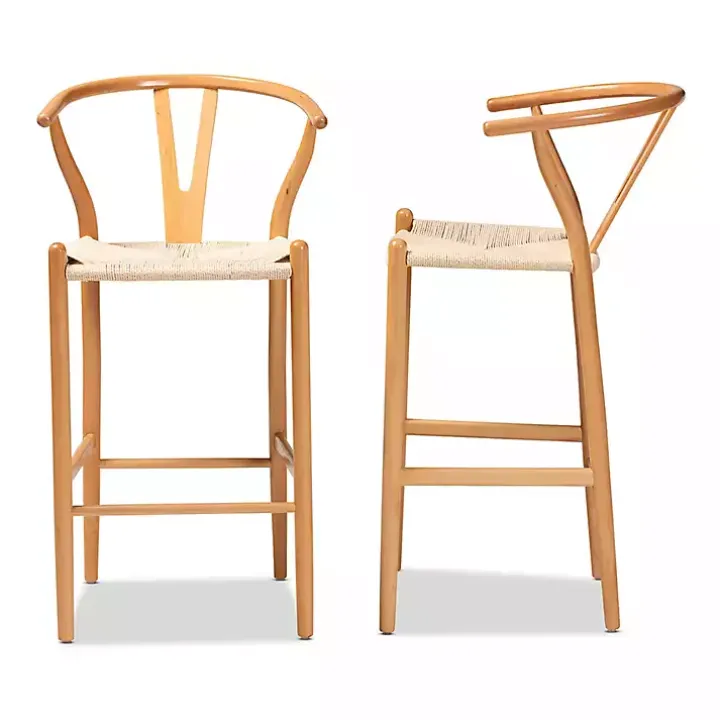 Natural Wood Woven Yarn Seat Bar Stools, Set of 2
