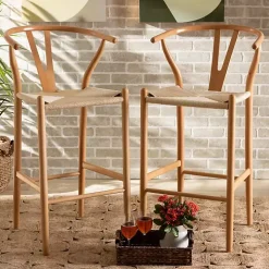 Natural Wood Woven Yarn Seat Bar Stools, Set of 2