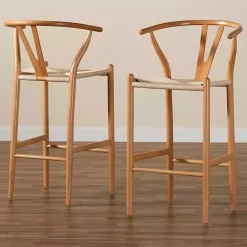 Natural Wood Woven Yarn Seat Bar Stools, Set of 2