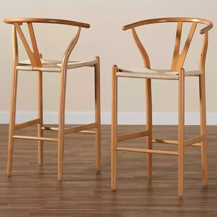 Natural Wood Woven Yarn Seat Bar Stools, Set of 2
