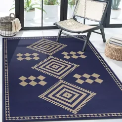 Navy and Tan Kilim Washable Area Rug, 5x7