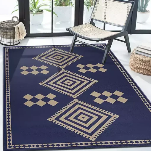 Navy and Tan Kilim Washable Area Rug, 5x7