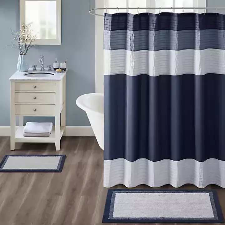 Navy Blue Border Cotton Bath Mat, 27x45