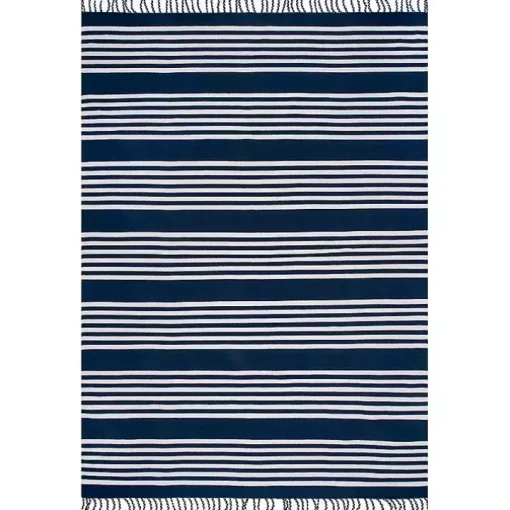 Navy Blue Striped Tassel Cotton Area Rug, 8x10