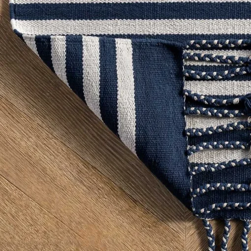 Navy Blue Striped Tassel Cotton Area Rug, 8x10