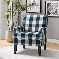 Navy Buffalo Check Upholstered Armchair
