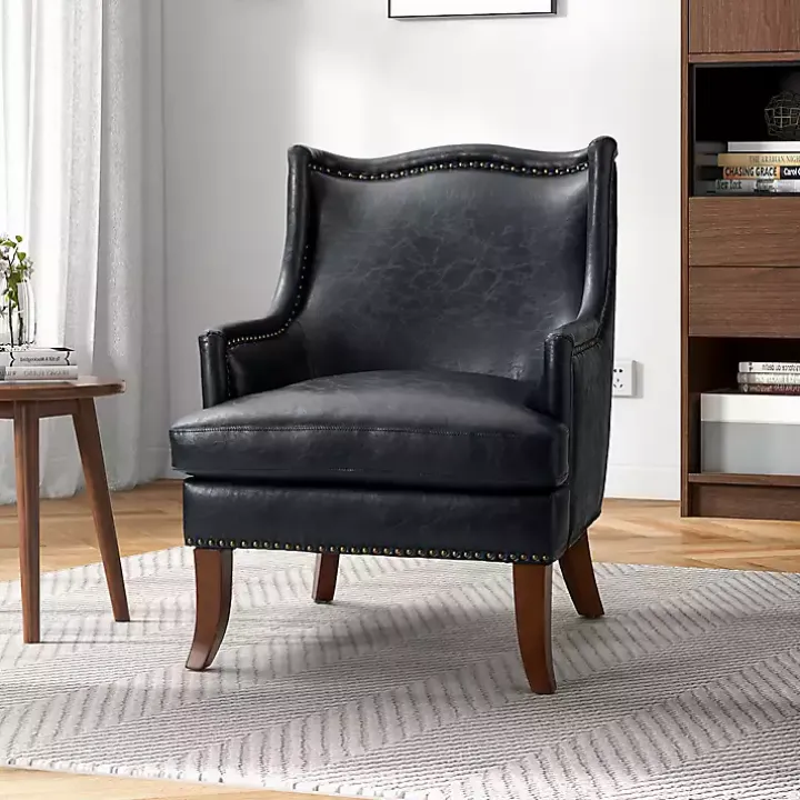 Navy Faux Leather Wingback Accent Chair