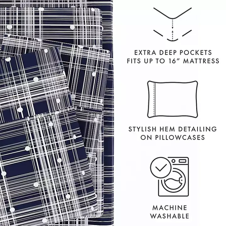 Navy Plaid Polka Dot 3-pc. Twin Sheet Set
