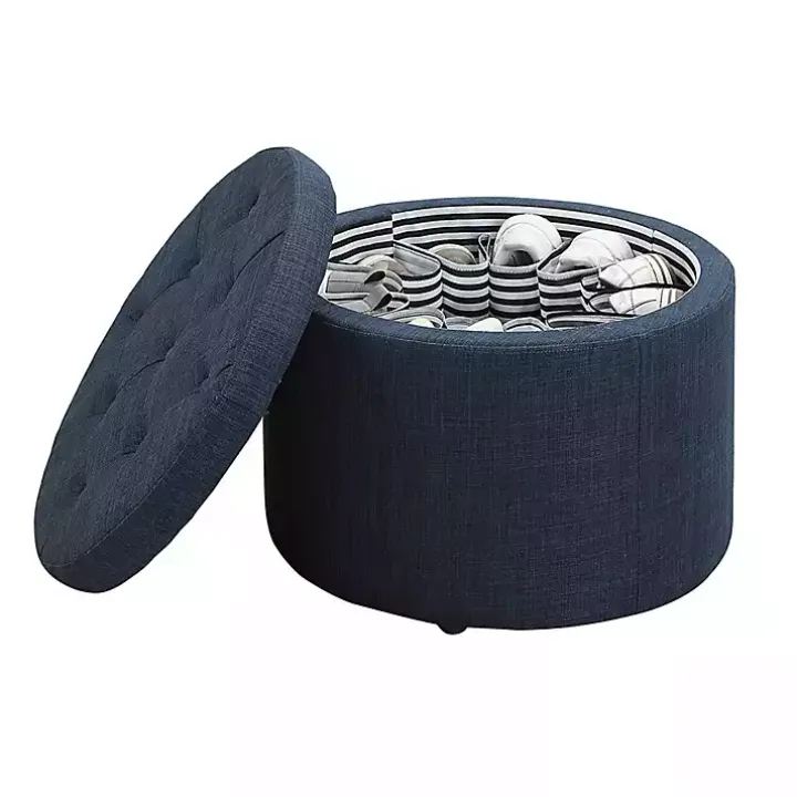 Navy Upholstered Round Shoe Storage Ottoman