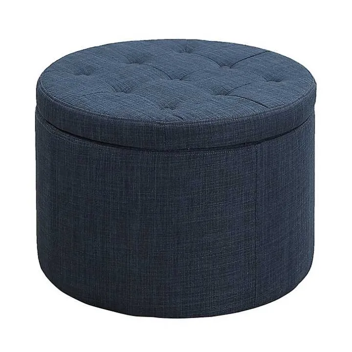 Navy Upholstered Round Shoe Storage Ottoman