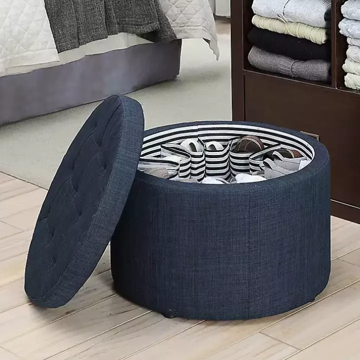 Navy Upholstered Round Shoe Storage Ottoman