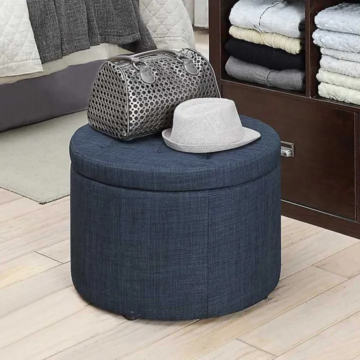 Navy Upholstered Round Shoe Storage Ottoman