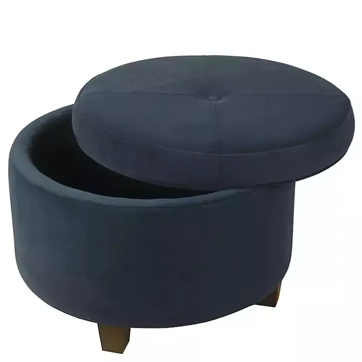 Navy Velvet Upholstered Round Storage Ottoman