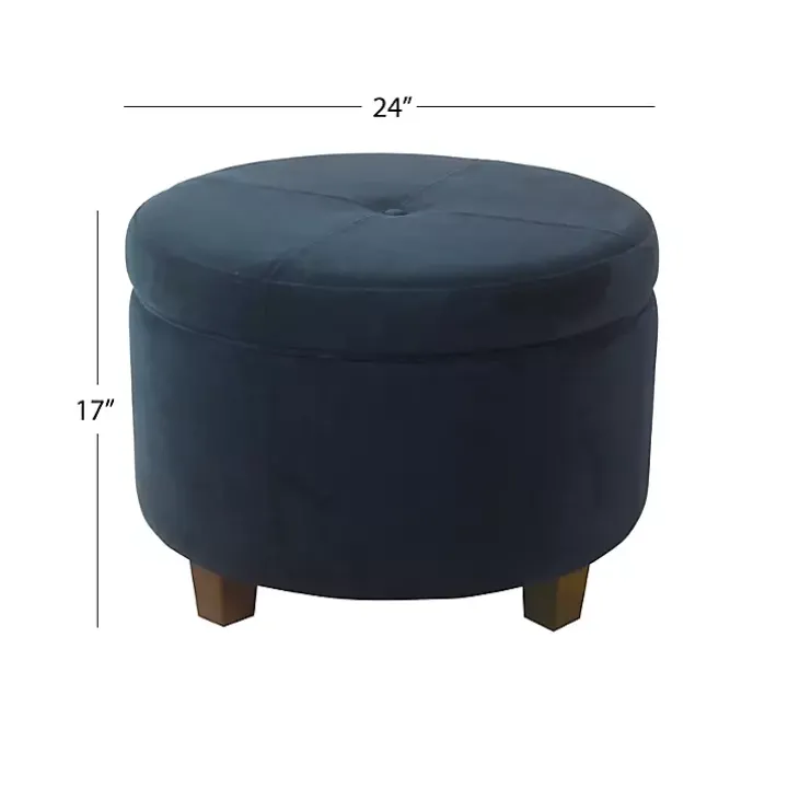 Navy Velvet Upholstered Round Storage Ottoman