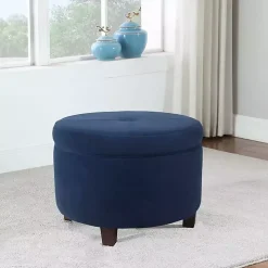 Navy Velvet Upholstered Round Storage Ottoman