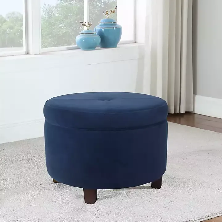 Navy Velvet Upholstered Round Storage Ottoman