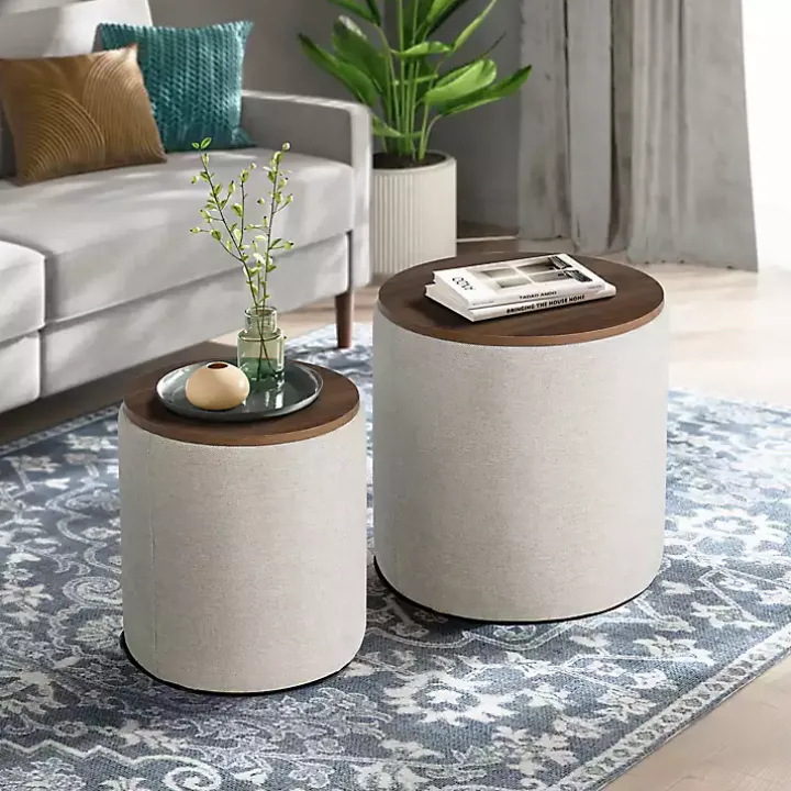 Neutral Upholstered Nesting Ottomans, Set of 2
