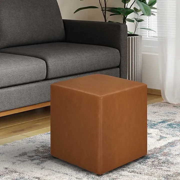 Newton Carmel Faux Leather Square Ottoman