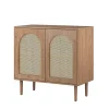 Oak Wood and Arched Rattan 2-Door Cabinet