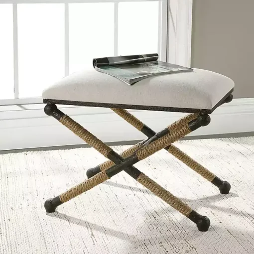Oatmeal Upholstered Wrapped Rope Frame Bench