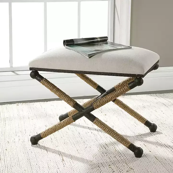Oatmeal Upholstered Wrapped Rope Frame Bench