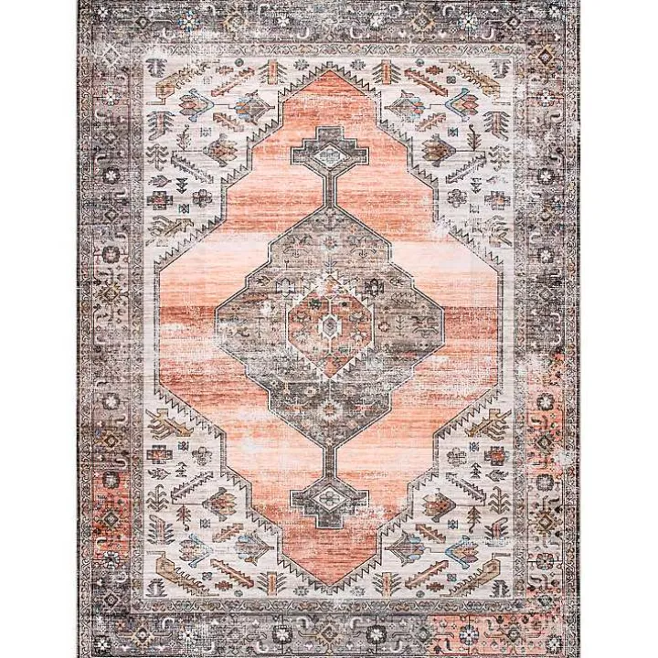 Orange Distressed Medallion Washable Runner