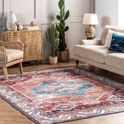 Orange Faded Medallion Washable Area Rug, 5x8